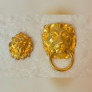 Vintage Style Gold Tone Lion Head Brooch Pin Bundle Door Knocker